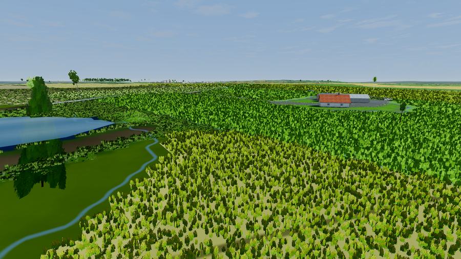 Fields, treelines and a stream running through the farm