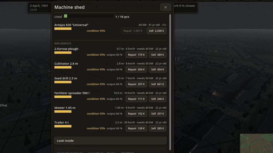 The machinery shed: power, working width, age and condition of every machine, with repair and resale prices